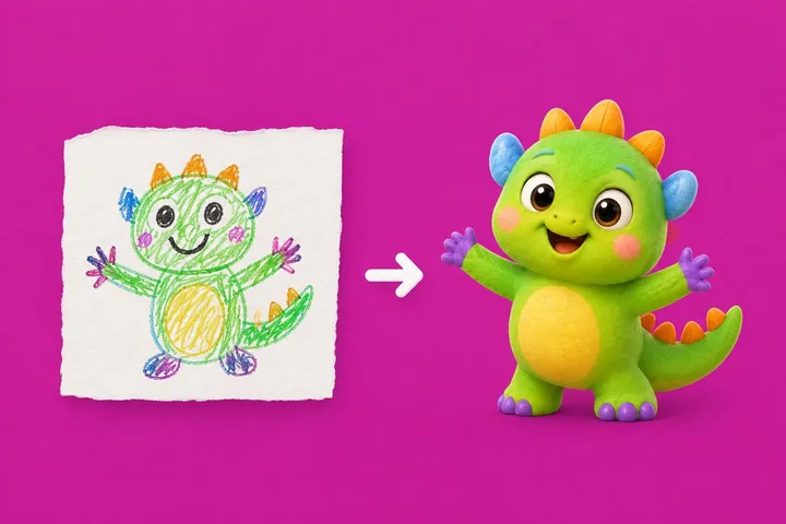 From a drawing: a crayon dragon on paper turns into the same character in the app’s art style.