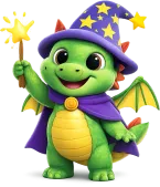 Draco, a green dragon in a starry wizard hat and purple cape, holding a glowing star wand
