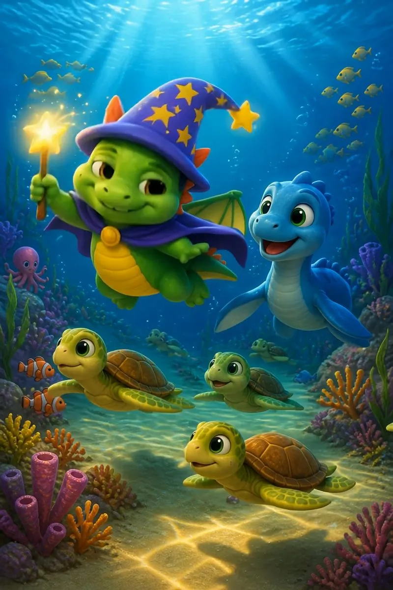 Draco and a blue sea dragon swimming above three sea turtles