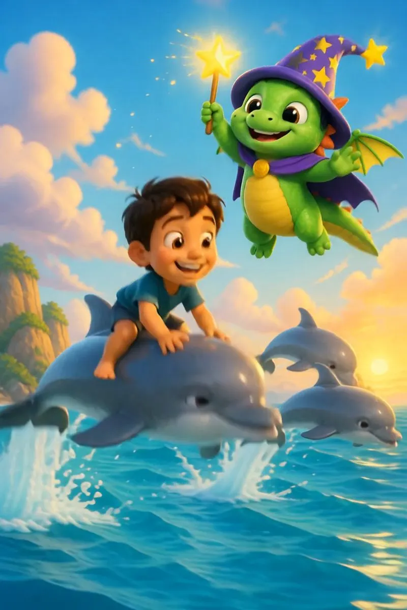 Draco flying above a child riding a dolphin at sunrise
