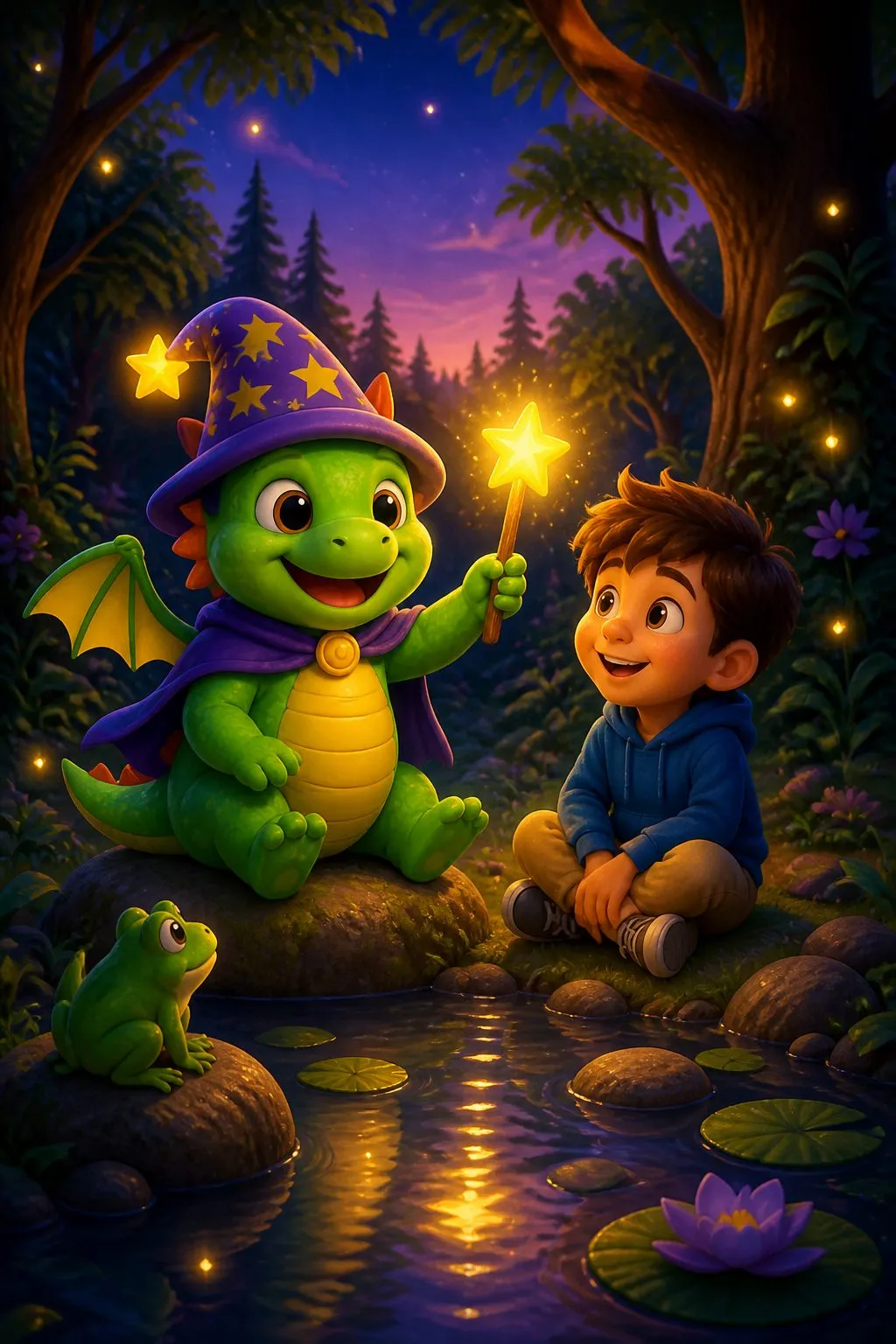 Draco raising a glowing star wand beside a child at a twilight pond