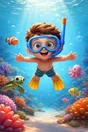 A child snorkelling among coral, a clownfish and a sea turtle